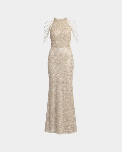 Mac Duggal Draped Pearl Embellished Column Gown In Gold