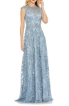 Mac Duggal Embroidered Cap Sleeve A Line Gown In Slate Blue