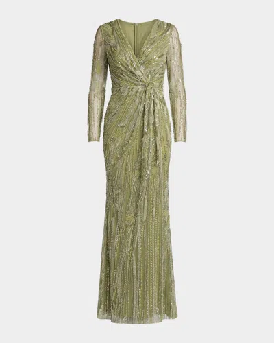 Mac Duggal Embellished Embroidered Mesh Column Gown In Green
