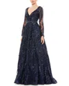 Mac Duggal Midnight Long Sleeve Embellished Evening Gown In Blue