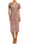 Mac Duggal Embellished Faux Wrap Flutter Sleeve Dress In Pink