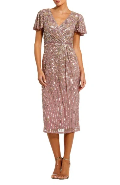 Mac Duggal Embellished Faux Wrap Flutter Sleeve Dress In Pink