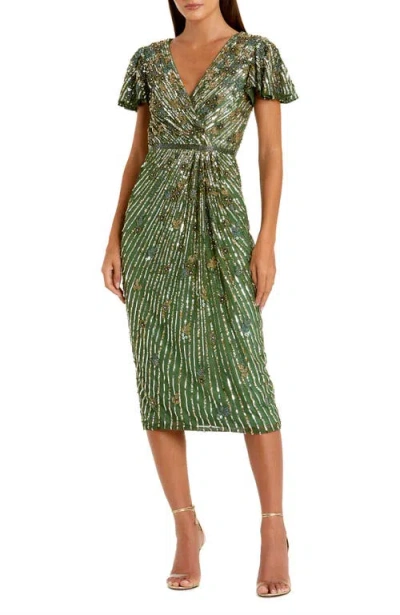 MAC DUGGAL MAC DUGGAL EMBELLISHED FAUX WRAP FLUTTER SLEEVE DRESS