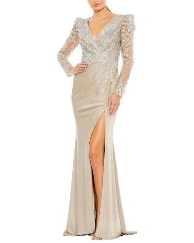Mac Duggal Embellished Faux Wrap Illusion Puff Sleeve Gown In Neutral