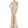 Mac Duggal Embellished Faux Wrap Illusion Puff Sleeve Gown In Gray