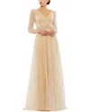 Mac Duggal Long-sleeve Beaded Stripe A-line Gown
