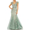 Mac Duggal Embroidered Illusion Appliqued Bodice Trumpet Gown In Sage