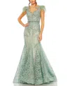 Mac Duggal Embellished Feather Cap Sleeve Illusion Neck Trumpet Gown In Green