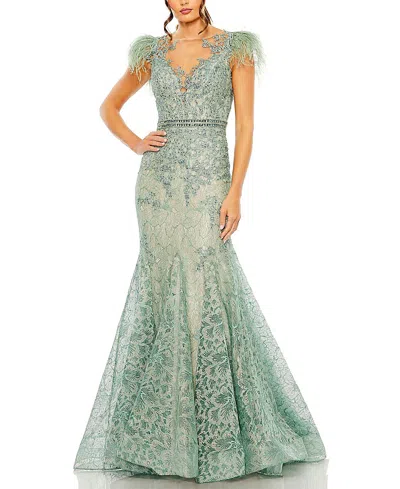 MAC DUGGAL EMBELLISHED FEATHER CAP SLEEVE ILLUSION NECK TRUMPET GOWN