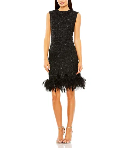 Mac Duggal Embellished Feather Trim Shift Dress In Black