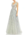 Mac Duggal Embellished Feathered Sleeveless A Line Gown In Seamist