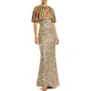 Mac Duggal Embellished Floral Beaded And Sequin Cape Gown In Gold Multi