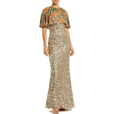 Mac Duggal Embellished Floral Beaded And Sequin Cape Gown In Gold Multi