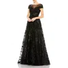 Mac Duggal Embellished Floral Cap Sleeeve A Line Gown In Black