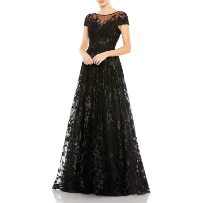 Mac Duggal Embellished Floral Cap Sleeeve A Line Gown In Black