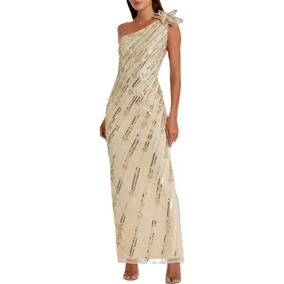Mac Duggal Embellished Floral Detail One Shoulder Gown In Nude Gold