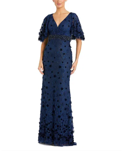 Mac Duggal Embellished Floral Short Sleeve Gown In Blue