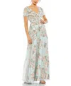 Mac Duggal Embellished Floral Gown With Mesh Flutter Sleeves And Beaded Waist In Blue