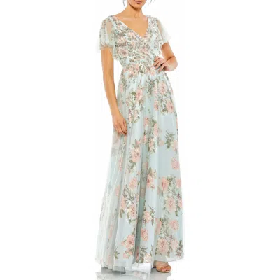 MAC DUGGAL MAC DUGGAL EMBELLISHED FLORAL GOWN WITH MESH FLUTTER SLEEVES, BEADED WAIST & PLEATED BODICE