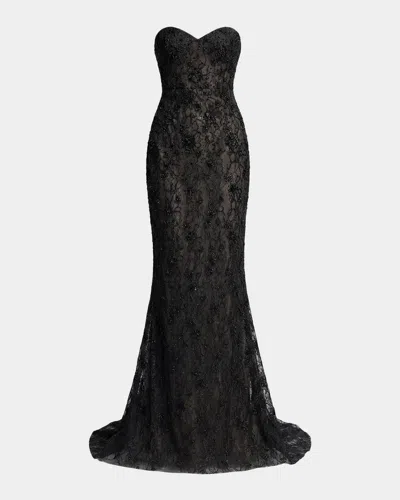 Mac Duggal Embellished Floral Lace Strapless Gown In Black