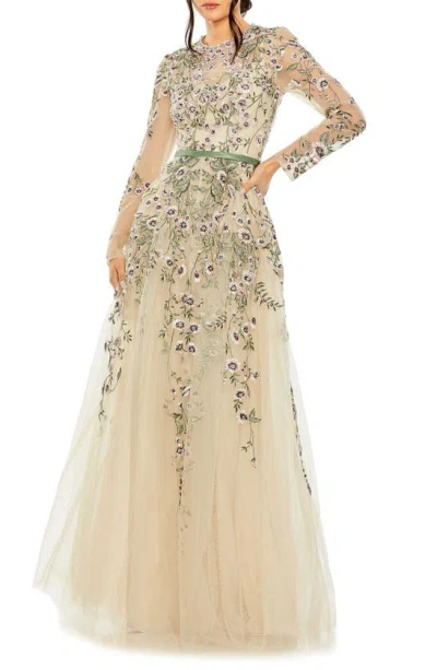 MAC DUGGAL EMBELLISHED FLORAL LONG SLEEVE GOWN