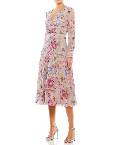 Mac Duggal Long Sleeve Embellished Floral Midi Dress In Multi