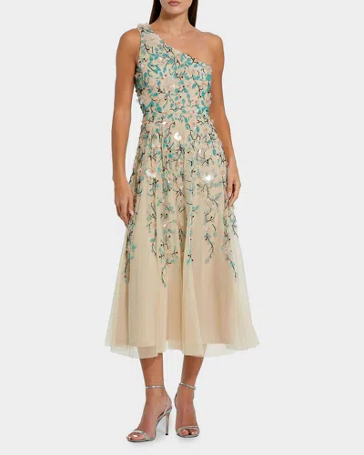 Mac Duggal Floral Embellished Mesh One Shoulder Midi Dress In Neutral
