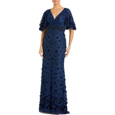 Mac Duggal Embellished Floral Short Sleeve Gown In Blue