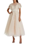 Mac Duggal Embellished Flutter Sleeve Bow Waist A Line Dress In Nude