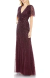 Mac Duggal Beaded Leaves Butterfly Sleeve Gown In Aubergine