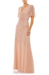 Mac Duggal Embellished Flutter Sleeve Gown In Nude
