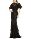 Mac Duggal Embellished Flutter Sleeve High Neck Gown