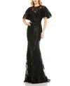 Mac Duggal Embellished Flutter Sleeve High Neck Gown In Black
