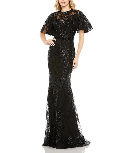 MAC DUGGAL EMBELLISHED FLUTTER SLEEVE HIGH NECK GOWN