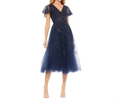 Mac Duggal Embellished Fluttersleeve Tea Length Dress In Midnight In Blue