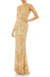 Mac Duggal Embellished Fringe Cap Sleeve Trumpet Gown In Gold