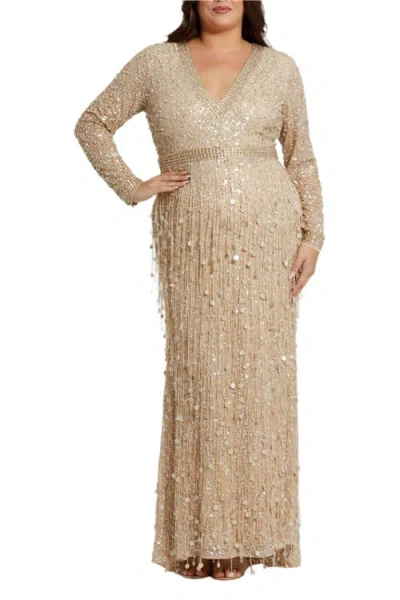 Mac Duggal 94074 Plus Size Fringe Long Sleeve Formal Dress In Brown