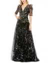 Mac Duggal Embellished Gathered Puff Sleeve Faux Wrap Gown