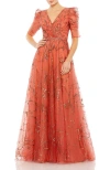 Mac Duggal Embellished Gathered Puff Sleeve Faux Wrap Gown In Cinnamon