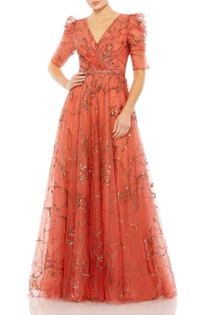 MAC DUGGAL MAC DUGGAL EMBELLISHED GATHERED PUFF SLEEVE FAUX WRAP GOWN
