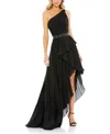 Mac Duggal Embellished Gown With Strappy Open Back & Asymmetrical Ruffle Hem In Black