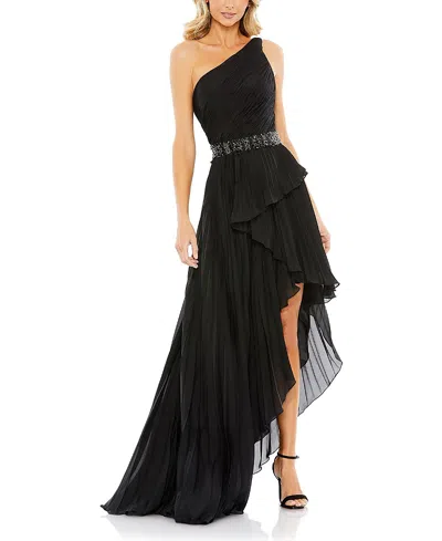 Mac Duggal Embellished Gown With Strappy Open Back & Asymmetrical Ruffle Hem In Black