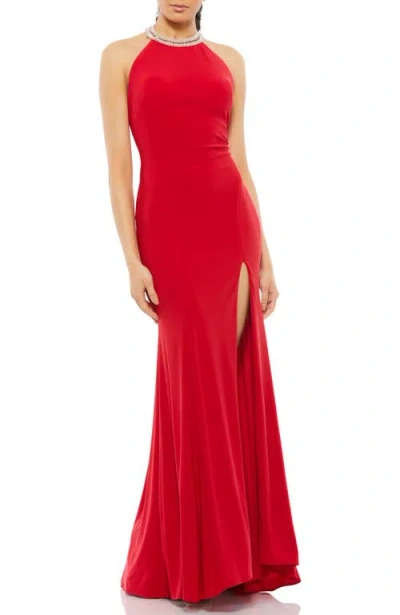 Mac Duggal Embellished Halter Jersey Evening Gown In Red