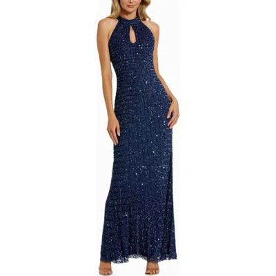 Mac Duggal Embellished Halter Neck Keyhole Gown In Midnight