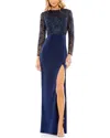 Mac Duggal Embellished High Neck Bodice Faux Wrap Gown In Blue