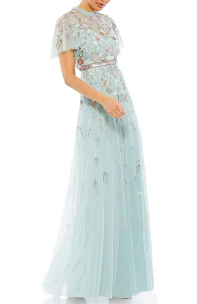 Mac Duggal Embellished High Neck Butterfly Sleeve Gown In Mint