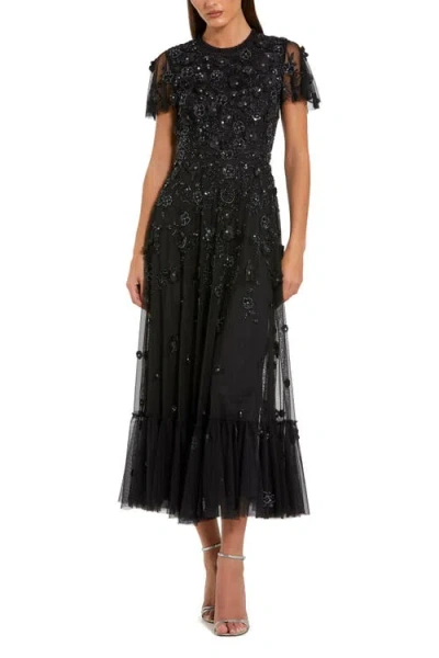 Mac Duggal Embellished High Neck Cap Sleeve A Line Dress In Black