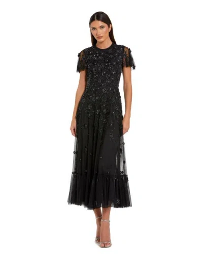 Mac Duggal Embellished High Neck Cap Sleeve A Line Dress In Black