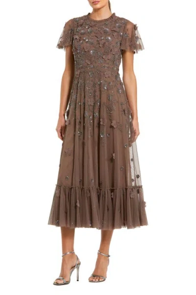 Mac Duggal Embellished High Neck Cap Sleeve A Line Dress In Brown