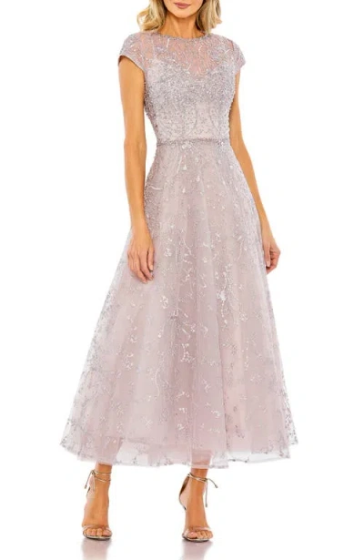 Mac Duggal Embellished High Neck Cap Sleeve A Line Dress In Neutral